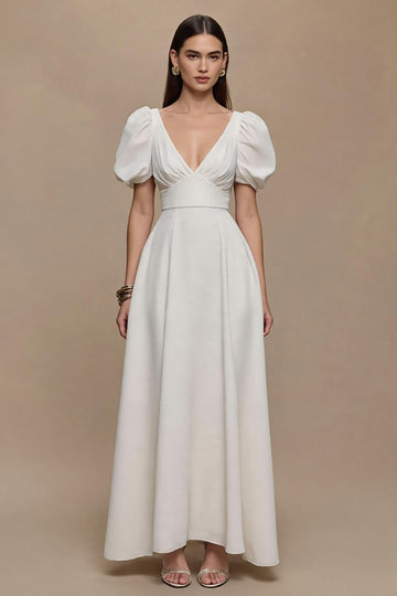 Ivory A-Line V-Neck Formal Dress with Puff Sleeves